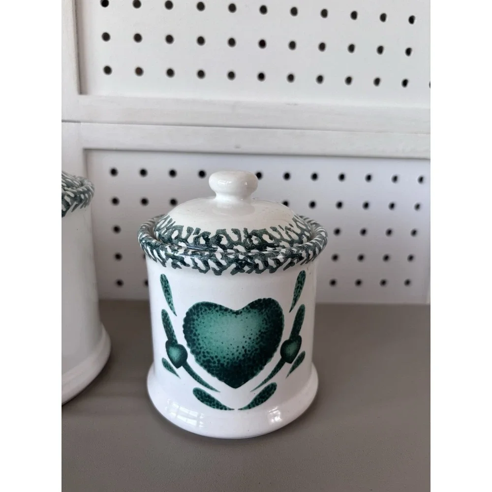 Corelle Canister Set 3pc Green Hearts Sponge Ceramic Farmhouse Cottagecore